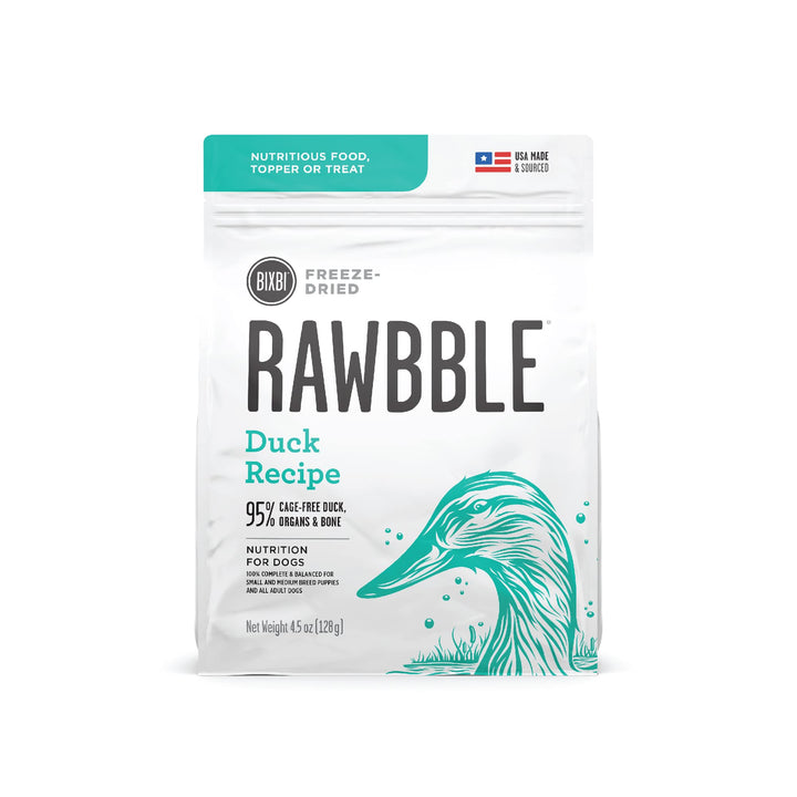 BIXBI Rawbble Freeze Dried Dog Food, Duck Recipe, 4.5 oz - 95% Meat and Organs, No Fillers - Pantry-Friendly Raw Dog Food for Meal, Treat or Food Topper - USA Made in Small Batches