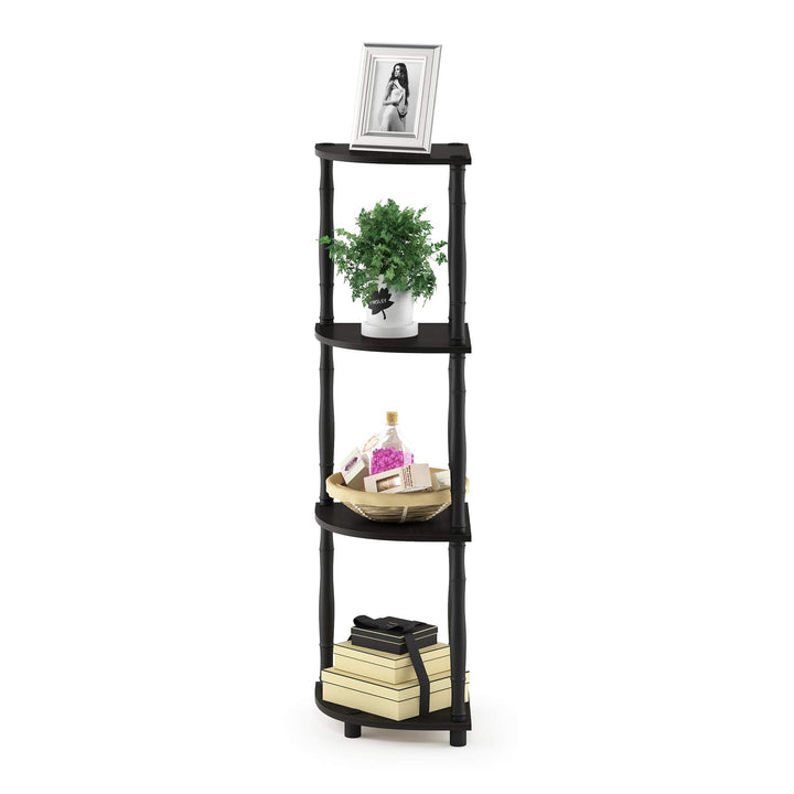 Furinno Turn-N-Tube 4-Tier Corner Display Rack Multipurpose Shelving Unit, Dark Brown Grain/Black 4-Tier Round Tube