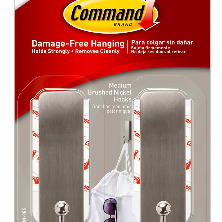 Command Medium Brushed Nickel Wall Hooks, 2 Hooks and 4 Command Strips, Damage Free Hanging Wall Hooks with Adhesive Strips, Coat Hooks for Hanging Christmas Decorations, Holds up to 3 lb