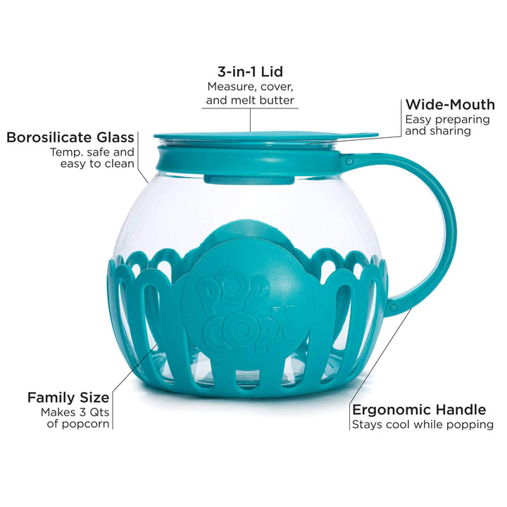 Ecolution Patented Micro-Pop Microwave Popcorn Popper with Temperature Safe Glass, 3-in-1 Lid Measures Kernels and Melts Butter, Made Without BPA, Dishwasher Safe, 3-Quart, Teal 3-Quart Family Size