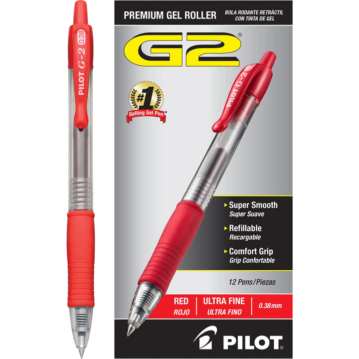 PILOT G2 Premium Refillable & Retractable Rolling Ball Gel Pens, Ultra Fine Point, Red Ink, 12-Pack (31279)