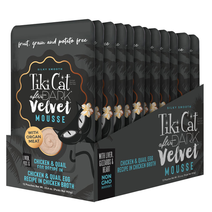 Tiki Cat After Dark, Velvet Mousse, Chicken & Beef Recipe in Chicken Broth, Grain & Potato Free Formula, with High Protein & Nutrient Dense Blended Irresistible Organ Meat, 2.8 oz. Pouch (Pack of 12)