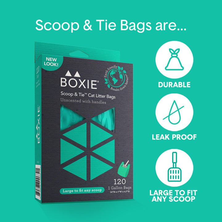 Boxie® Sustainable Scoop & Tie™ Bags for Pet Waste, Boxiecat- 120 Count (Pack of 1) 1 Count (Pack of 120)