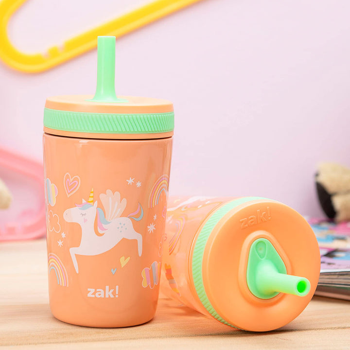 Zak Designs Unicorn Kelso Tumbler Set, Leak-Proof Screw-On Lid with Straw, Bundle for Kids Includes Plastic and Stainless Steel Cups with Bonus Sipper, 3pc Set, Non-BPA, 15 fl.oz. Classic