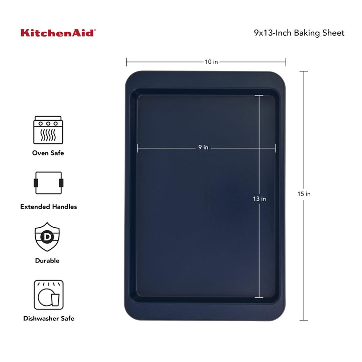 KitchenAid Nonstick Baking Sheet with Extended Handles for Easy Grip, Aluminized Steel to Promoted Even Baking, Ink Blue, Dishwasher Safe, 9x13-Inch