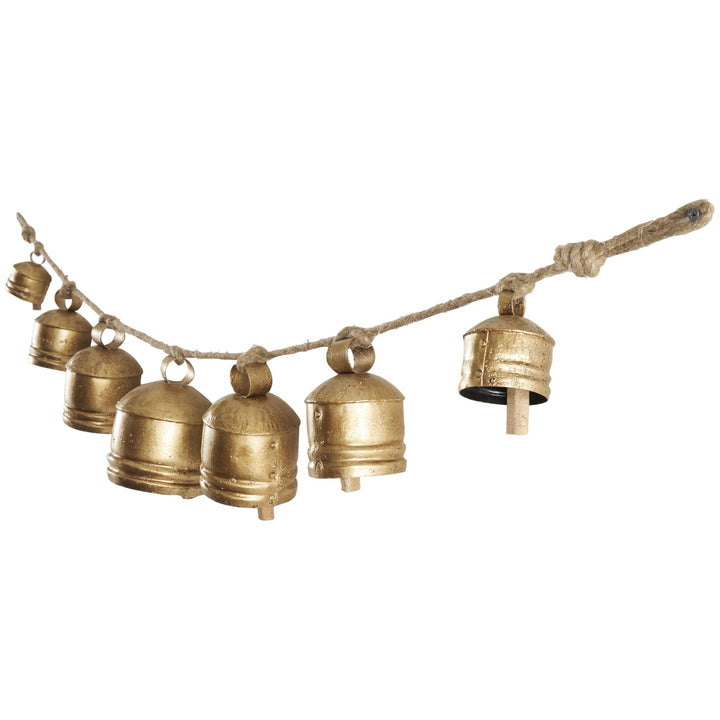 Deco 79 Gold Metal Tibetan Inspired String Hanging Decorative Bells with Jute Hanging Rope 4" x 8" x 52" - Cone 52" x 4" x 8"