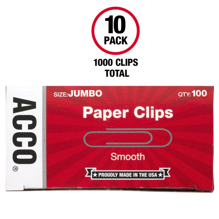 ACCO Paper Clips, Jumbo, Smooth, 100 Clips/Box, 1 Box (72580) 10 Count (Pack of 1)