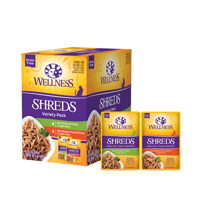 Wellness Healthy Indulgence Shreds Grain-Free Wet Cat Food, Made with Natural Ingredients and Quality Proteins, Complete and Balanced Meal, 3 oz Pouches (Shreds Variety Pack, 8 Pack)