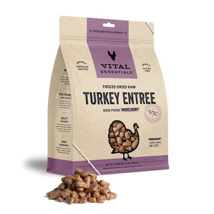 Vital Essentials Freeze Dried Raw Dog Food, Turkey Mini Nibs Entree, 25 oz 1.56 Pound (Pack of 1)