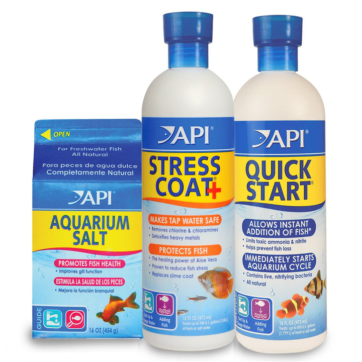 API Aquarium Starter Bundle Pack: One (1) API Quick Start 16 oz., one (1) API Stress Coat 16 oz., one (1) API Aquarium Salt 16 oz. 16-Ounce Starter bundle (3-pack) Nitrifying Bacteria