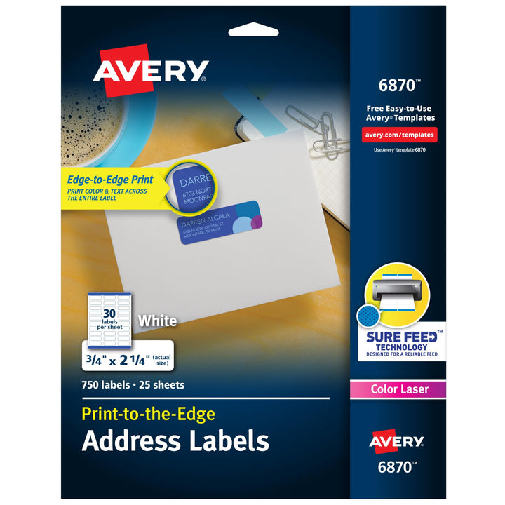 Avery Print-to-The-Edge Printable Address Labels with Sure Feed, 0.75" x 2.25", White, 750 Blank Mailing Labels (06870)