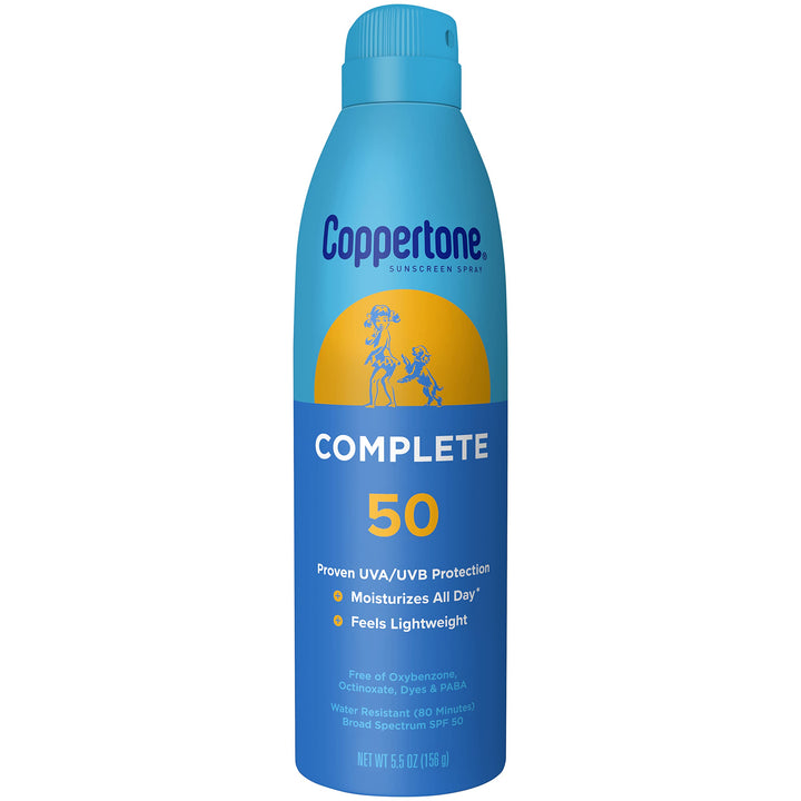 Coppertone COMPLETE SPF 50 Sunscreen Spray, Lightweight, Moisturizing Sunscreen Pack, Water Resistant Spray Sunscreen SPF 50, 5.5 Oz Spray, Pack of 3 5.5 Ounce (Pack of 3)