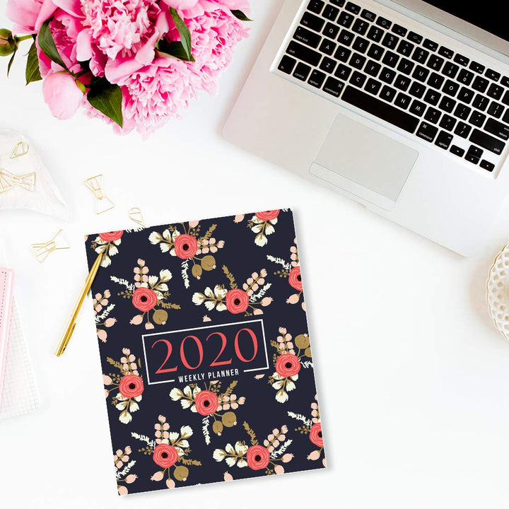 2020 Weekly Planner: January 1, 2020 to December 31, 2020: Weekly & Monthly View Planner, Organizer & Diary: Pink flowers on navy blue 747-4