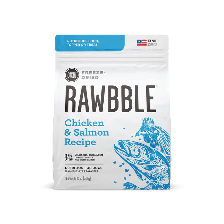 BIXBI Rawbble Freeze Dried Dog Food, Chicken & Salmon Recipe, 12 oz - 94% Meat and Organs, No Fillers - Pantry-Friendly Raw Dog Food for Meal, Treat or Food Topper - USA Made in Small Batches