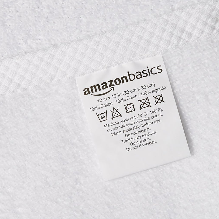 Basics - 12 Piece Quick-Dry Washcloth, 100% Cotton, White, 12" x 12" Washcloth (Pack of 12)