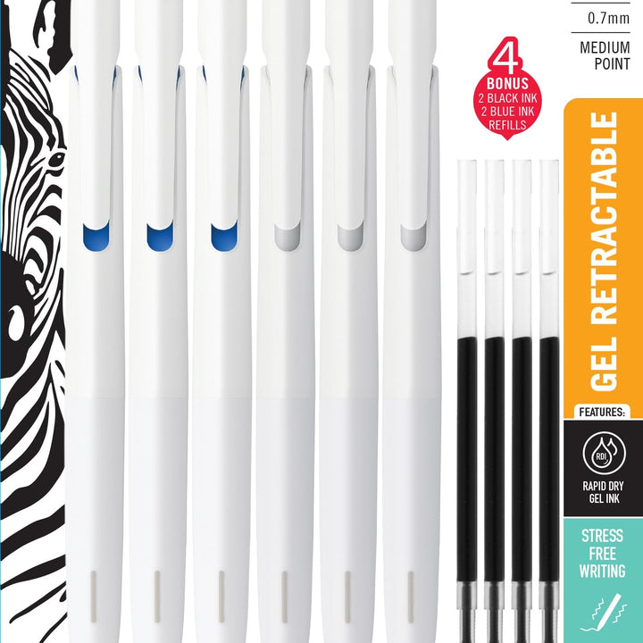 Zebra Pen bLen Retractable Ballpoint Gel Pen + refills, White Barrel, Medium Point, 0.7mm, Black and Blue Ink, 6-Pack