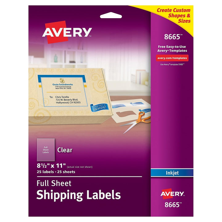 Avery Full Sheet Printable Shipping Labels, 8.5" x 11", Matte Clear, 25 Blank Mailing Labels (8665) 1 Pack