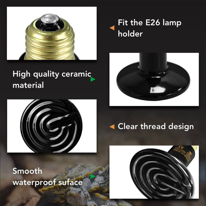 Simple Deluxe Reptile Heat Lamp Bulb Ceramic Heat Emitter 40W/60W/100W/150W/250W, No Light Emitting Brooder Coop Heater for Amphibian Pet & Incubating Chicken,Black Black/1-pack 150W