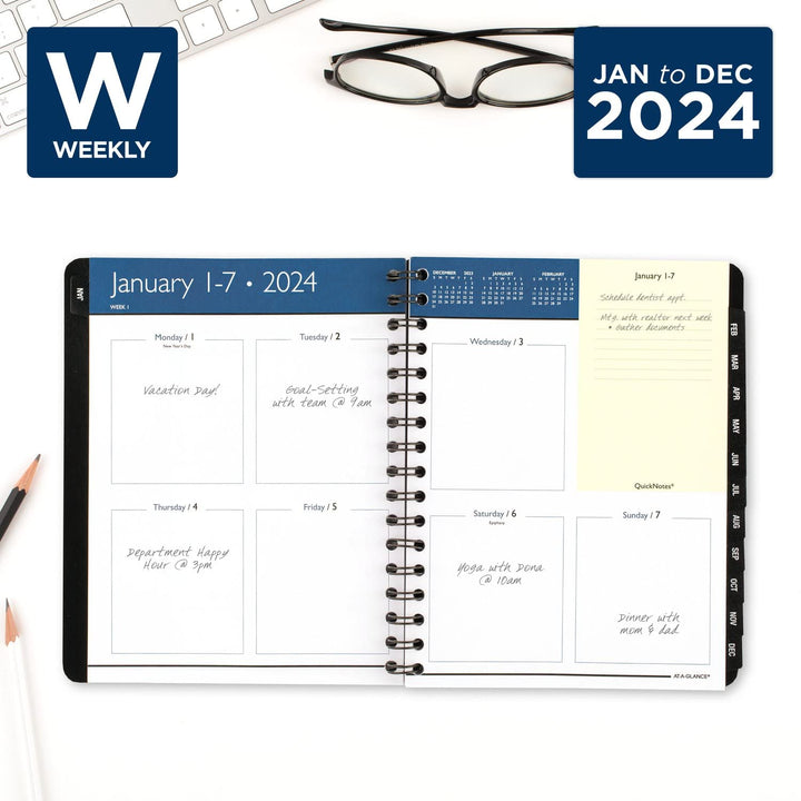 AT-A-GLANCE 2024 Weekly & Monthly Planner, 6-1/2" x 8-3/4", Medium, QuickNotes, Black (7602520524) 2024 New Edition