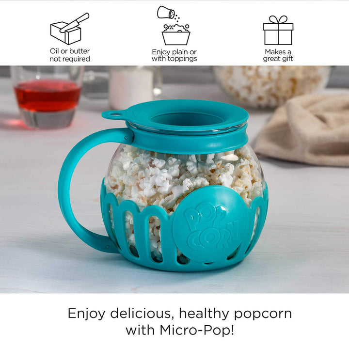 Ecolution Patented Micro-Pop Microwave Popcorn Popper with Temperature Safe Glass, 3-in-1 Lid Measures Kernels and Melts Butter, Made Without BPA, Dishwasher Safe, 1.5-Quart, Teal 1.5-Quart Snack Size