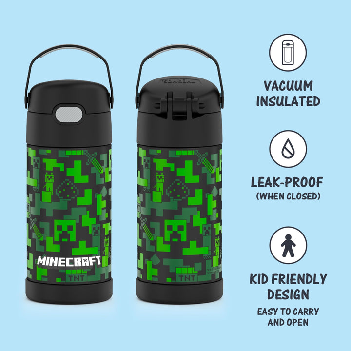 THERMOS FUNTAINER Water Bottle with Straw - 12 Ounce, Minecraft - Kids Stainless Steel Vacuum Insulated Water Bottle with Lid Licensed Characters