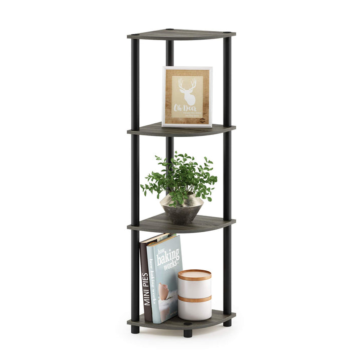 Furinno Turn-N-Tube 4-Tier Corner Display Rack Multipurpose Shelving Unit, Dark Brown Grain/Black 4-Tier Round Tube