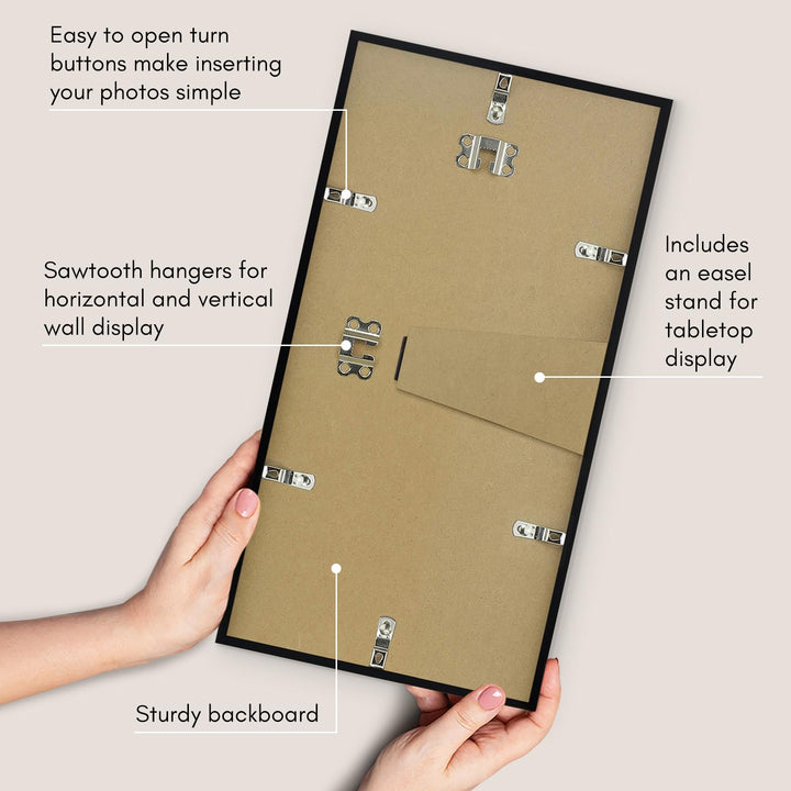 Americanflat 8x16 Poster Frame in Black - Thin Border Photo Frame with Shatter-Resistant Glass, Hanging Hardware, and Built-in Easel for Horizontal or Vertical Display Formats for Wall or Tabletop