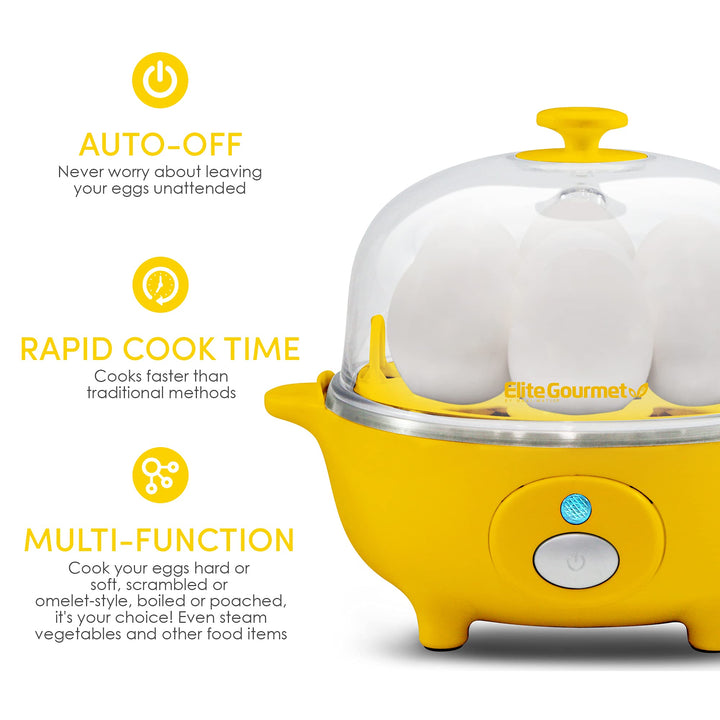 Elite Gourmet EGC-007Y# Rapid Egg Cooker, 7 Easy-To-Peel, Hard, Medium, Soft Boiled Eggs, Poacher, Omelet Maker, Auto Shut-Off, Alarm, 16-Recipe Booklet, Yellow 7 Egg