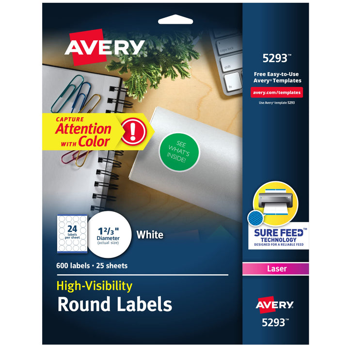 Avery High Visibility Printable Round Labels with Sure Feed, 1-2/3" Diameter, White, 600 Customizable Blank Labels (5293)