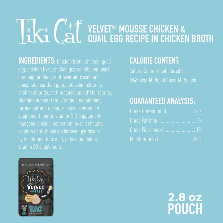 Tiki Cat After Dark, Velvet Mousse, Chicken & Beef Recipe in Chicken Broth, Grain & Potato Free Formula, with High Protein & Nutrient Dense Blended Irresistible Organ Meat, 2.8 oz. Pouch (Pack of 12)