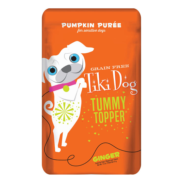 Tiki Dog Single-Serve Tummy Topper, Grain-Free Pumpkin Purée with Ginger for Sensitive Stomachs, 1.5oz Pouches (Pack of 12)
