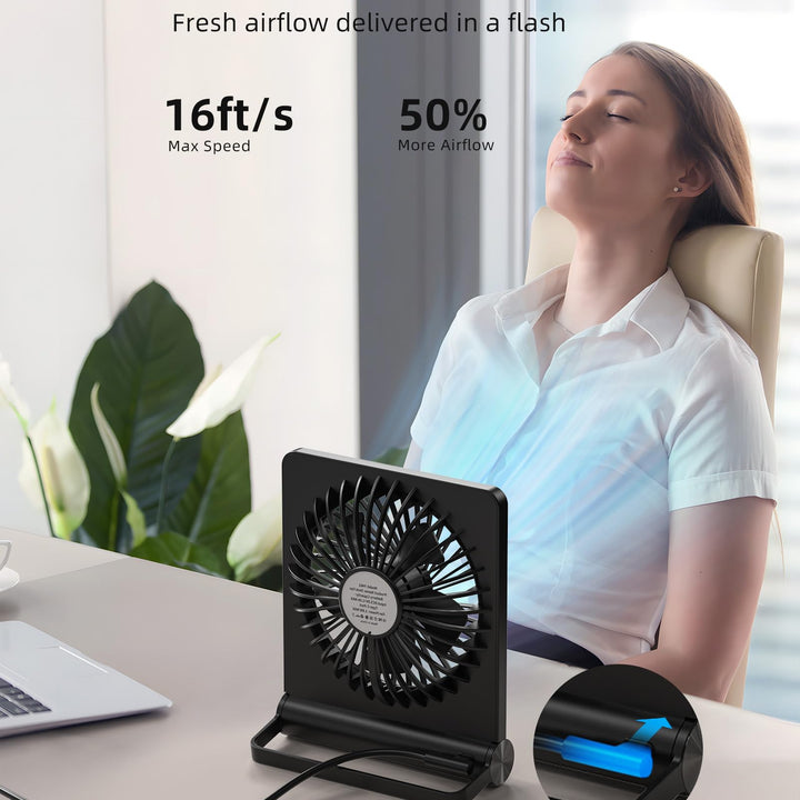 Koonie USB Fan, Strong Wind Ultra Quiet Small Desk Fan 220° Tilt Folding 3 Speeds Adjustable USB-C Corded Powered Personal Fan for Home Office Desktop Black Black without Battery 5.7in