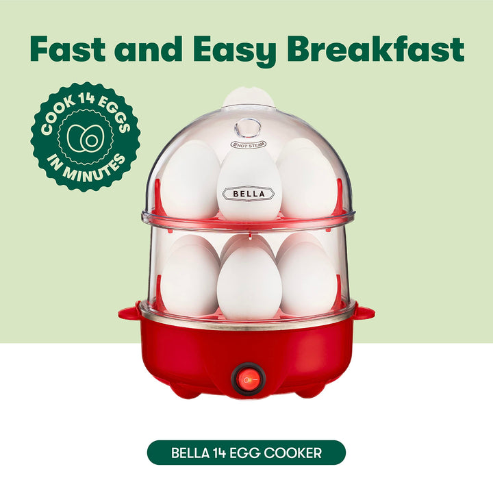 BELLA Rapid Electric Egg Cooker and Omelet Maker with Auto Shut Off, for Easy to Peel, Poached Eggs, Scrambled Eggs, Soft, Medium and Hard-Boiled Eggs, 14 Egg Capacity Tray, Double Tier, Red