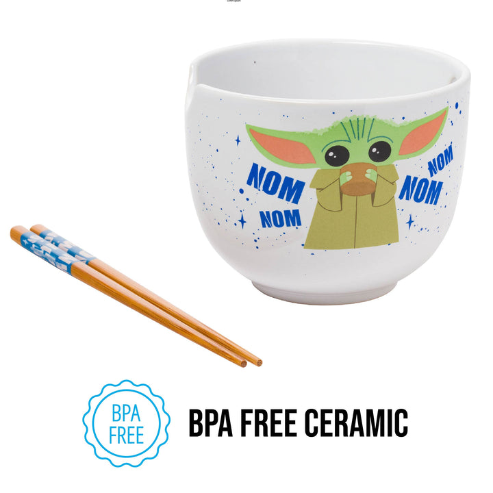 Silver Buffalo Star Wars Mandalorian Baby Yoda Grogu Nom Nom Ceramic Ramen Noodle Rice Bowl with Chopsticks, Microwave Safe, 20 Ounces Stars