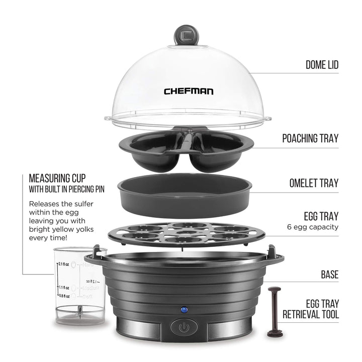 Chefman Electric Egg Cooker Boiler, Rapid Egg-Maker & Poacher, Food & Vegetable Steamer, Quickly Makes 6 Eggs, Hard, Medium or Soft Boiled, Poaching/Omelet Tray Included, Ready Signal, BPA-Free, Grey Gray