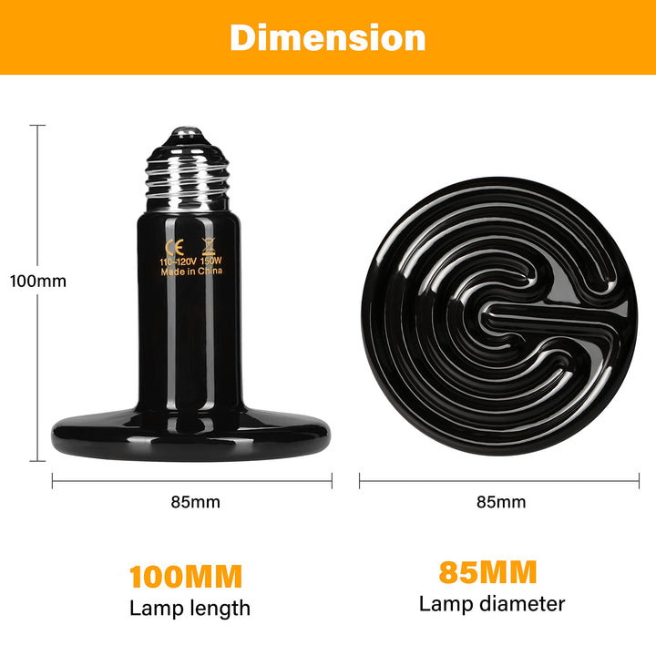 HealSmart Reptile Heat Lamp Bulb Ceramic Heat Emitter 150W No Light Emitting Brooder Coop Heater for Amphibian Pet & Incubating Chicken, Black