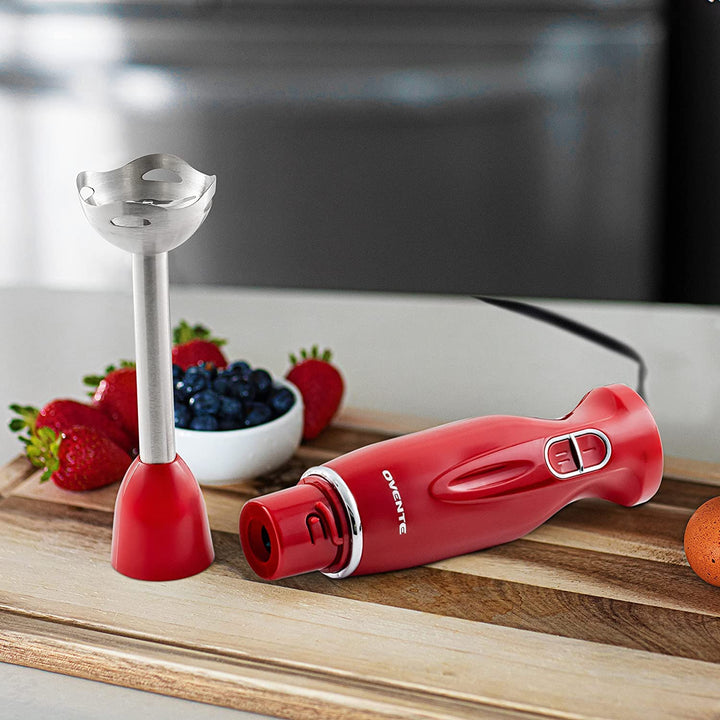 OVENTE Electric Immersion Hand Blender 300 Watt 2 Mixing Speed with Stainless Steel Blades, Powerful Portable Easy Control Grip Stick Mixer Perfect for Smoothies, Puree Baby Food & Soup, Red HS560R