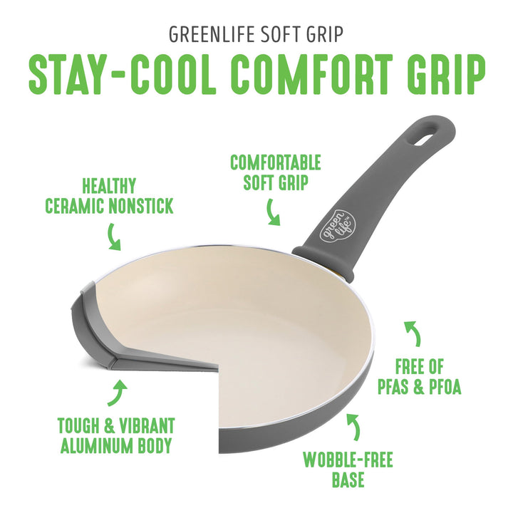 GreenLife Soft Grip Absolutely Toxin-Free Healthy Ceramic Non-stick Cookware Set, 18-Piece Set, Grey 18 Piece Cookware Set Quartz Grey