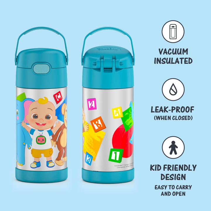 THERMOS FUNTAINER Water Bottle with Straw - 12 Ounce, Cocomelon - Kids Stainless Steel Vacuum Insulated Water Bottle with Lid Licensed Characters