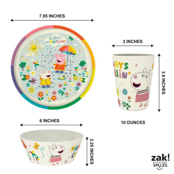 Zak Designs Peppa Pig Kids Dinnerware Set 3 Pieces, Durable and Sustainable Melamine Bamboo Plate, Bowl, and Tumbler are Perfect For Dinner Time With Family (Peppa, Suzy, Zuzu) 8" Plate, 6" Bowl, 10oz Tumbler