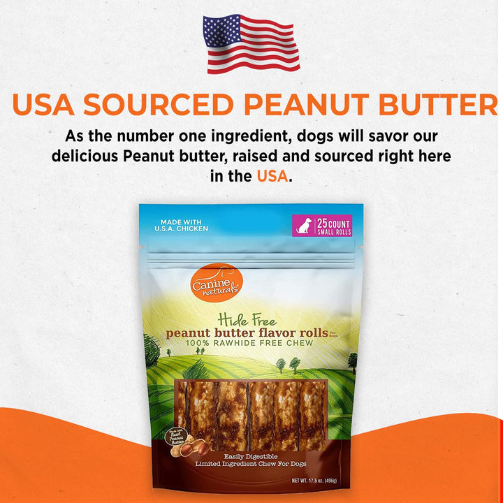 Canine Naturals Peanut Butter Chew - 100% Rawhide Free Dog Treats - Made with Real Peanut Butter - All-Natural and Easily Digestible - 25 Pack of 2.5" Mini Rolls for Dogs Under 20lb