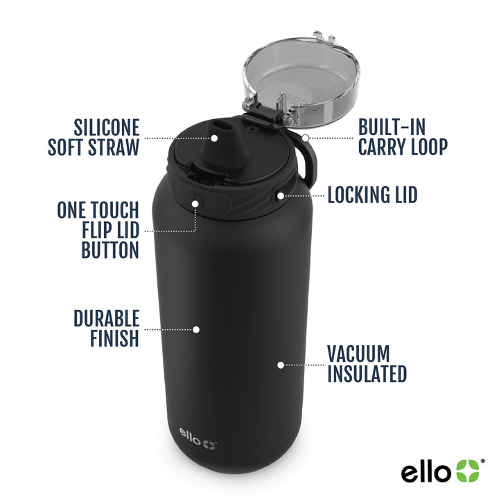 Ello Cooper Stainless Steel Water Bottle with Straw and Carry Handle, Double Walled and Vacuum Insulated Metal, Leak Proof Locking Lid with Soft Silicone Spout, Reusable, BPA Free, 22oz, 32oz, 40oz Black