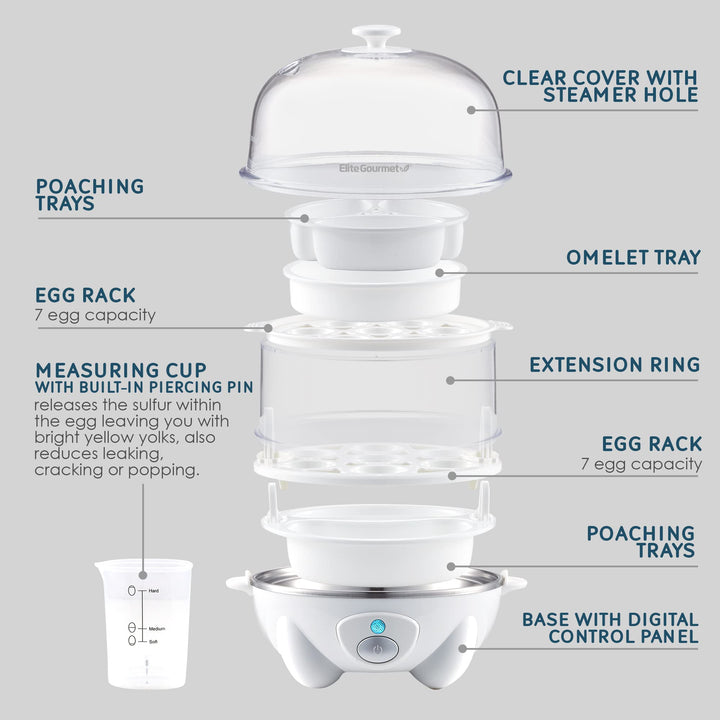 Elite Gourmet EGC1405W 2-Tiered Rapid Egg Cooker, 5-Egg Poacher, Omelets, Soft, Medium, Hard-Boiled Eggs with Auto Shut-Off and Buzzer, BPA Free, 14 eggs, White 14 Egg