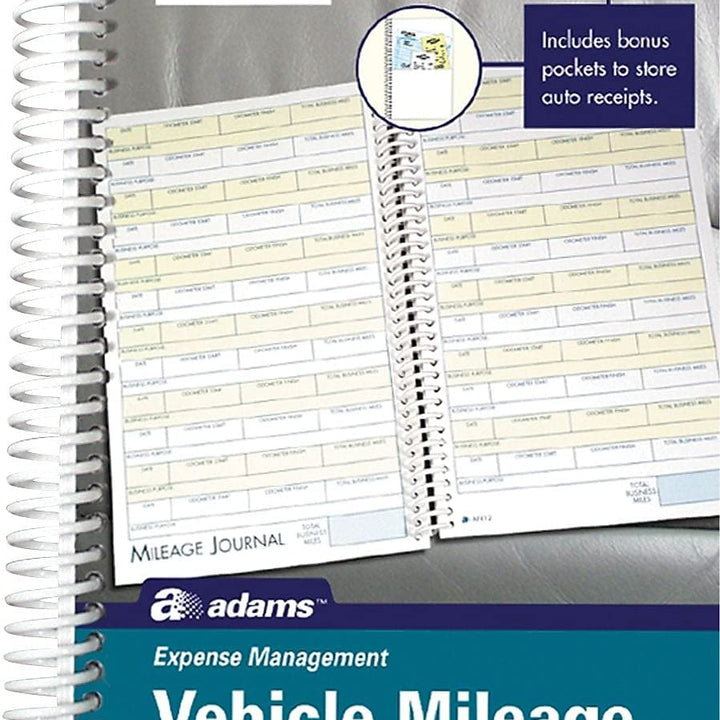 Adams ABFAFR12 Vehicle Mileage and Expense Journal, 5-1/4" x 8-1/2", Fits the Glove Box, Spiral Bound, 588 Mileage Entries, 6 Receipt Pockets,White