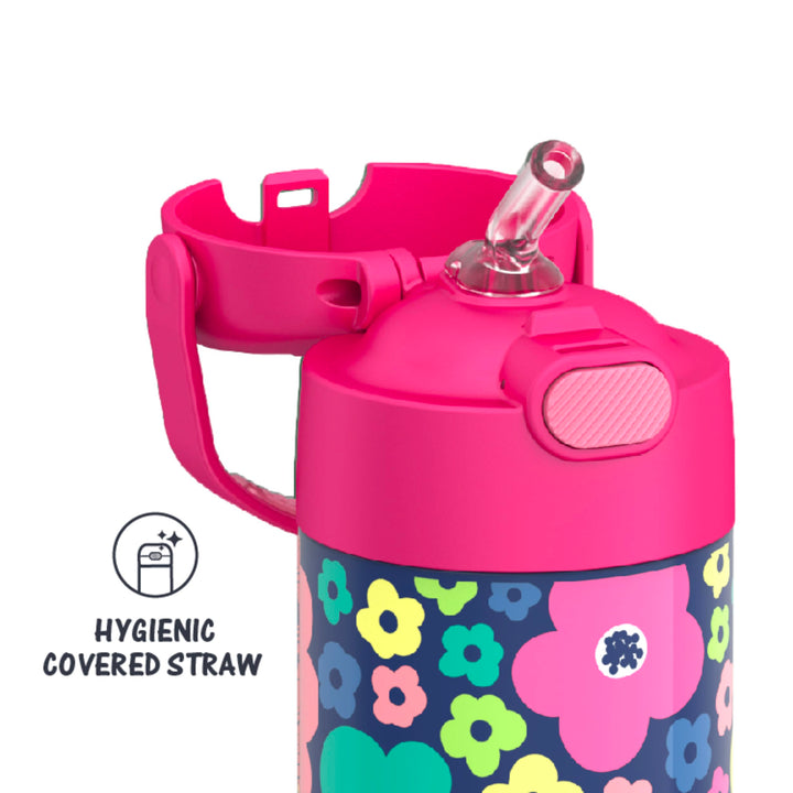 THERMOS FUNTAINER Water Bottle with Straw - 12 Ounce, Mod Flowers - Kids Stainless Steel Vacuum Insulated Water Bottle with Lid FUNTAINER 12 Ounce Bottle