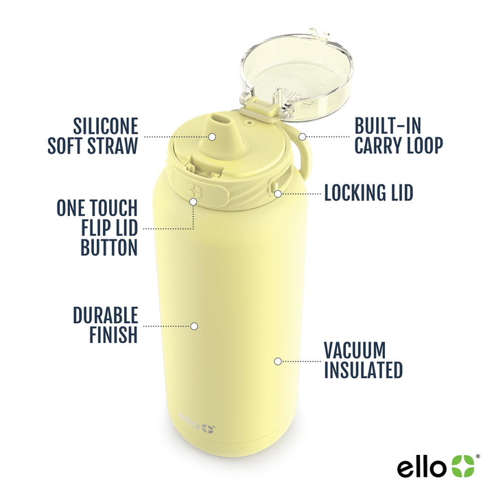 Ello Cooper 22oz Stainless Steel Water Bottle with Straw and Carry Handle, Double Walled and Vacuum Insulated Metal, Leak Proof Locking Lid with Soft Silicone Spout, Reusbale, BPA Free, Lemonade