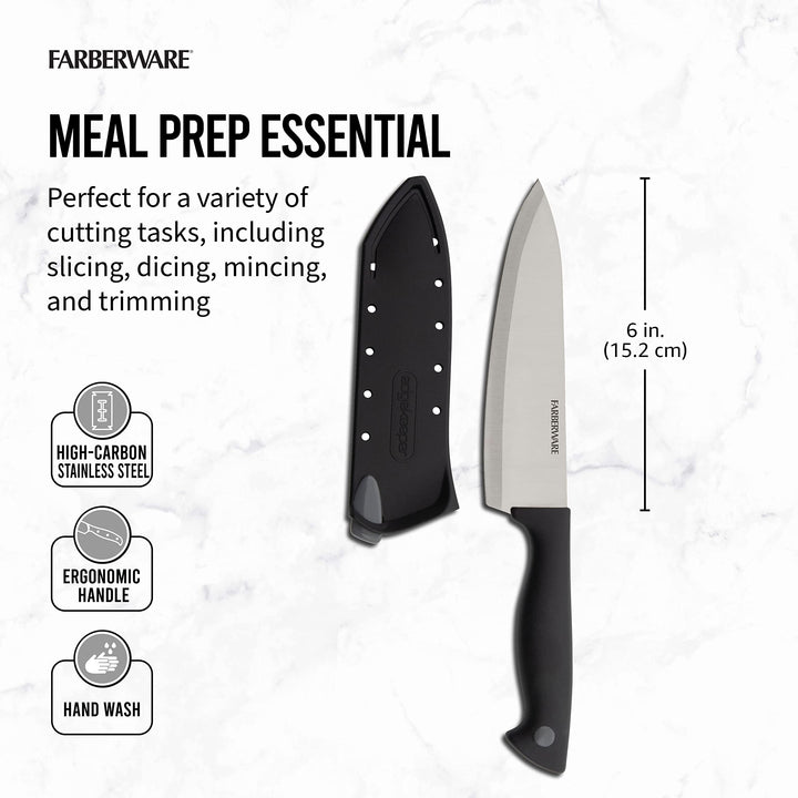 Farberware Edgekeeper 6-Inch Chef Knife with Self-Sharpening Blade Cover, High Carbon-Stainless Steel Kitchen Knife with Ergonomic Handle, Razor-Sharp Knife, Black Chef Knife 6 Inch Black/Gray