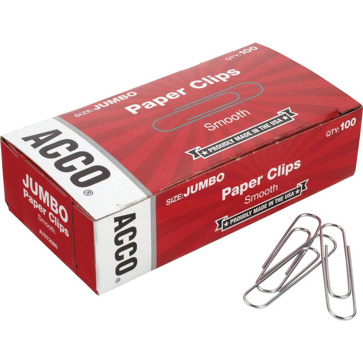 ACCO Paper Clips, Jumbo, Smooth, 100 Clips/Box, 1 Box (72580) 10 Count (Pack of 1)