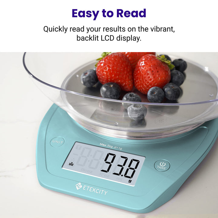 Etekcity 0.1g Food Scale, Bowl, Digital Grams and Ounces for Weight Loss, Dieting, Baking, Cooking, and Meal Prep, 11lb/5kg, Bright Blue