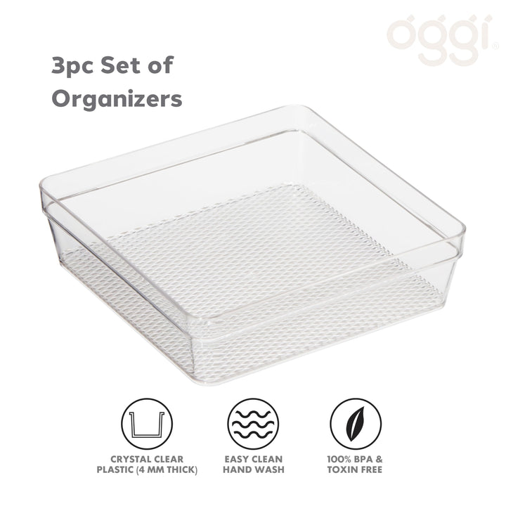 Oggi Set of 3 Clear Drawer Organizers - (1) 6x6.25, (1) 6.25x9.25, (1) 6.25x15.75 - Ideal for Organizing Kitchen Drawers, Office, Desk, Silverware, Kitchen Utensils, Cosmetics and Bathrooms